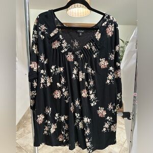 Lucky Brand Black Floral Boho Pleated V-Neck Top Blouse Size 3X
